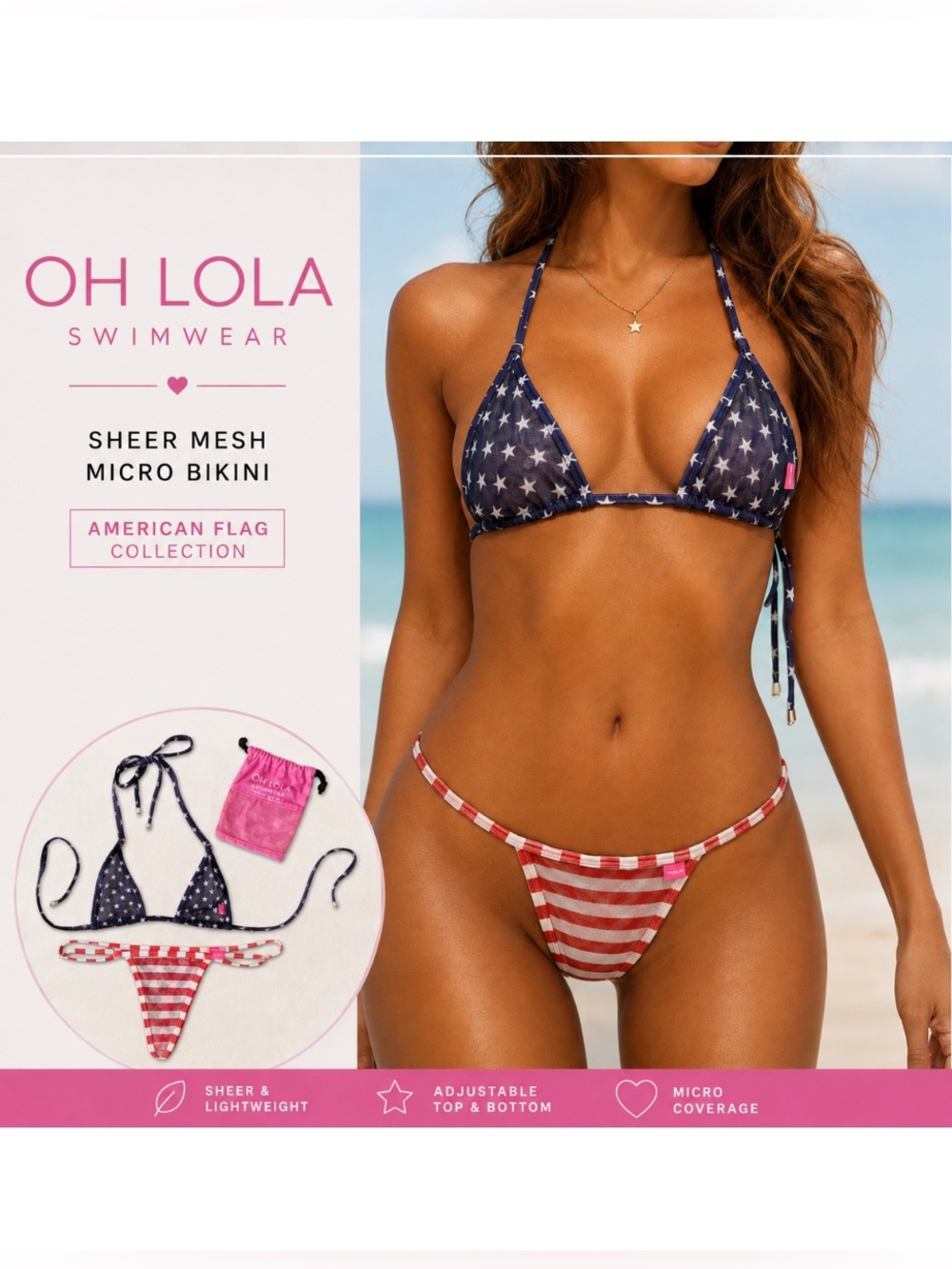 Oh Lola Swimwear Sheer Mesh American Flag Micro Bikini w/ Pouch | Size Small